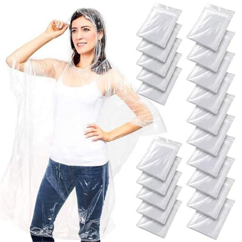 Disposable Rain Ponchos Adults Waterproof Hooded Clear 20 Pack